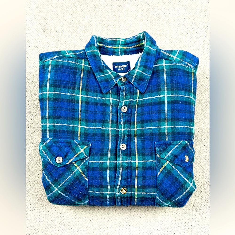 Wrangler Sport Men’s Size XXL Blue Green Plaid Sherpa Lined Flannel Shacket
